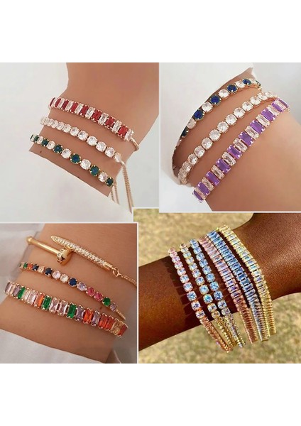 DZH045 2. Dikdörtgen Kristal Tenis Bilezikler Renkli Zirkon Ayarlanabilir Katlanır Toka Zinciri El Parti Klasik Moda Takı (Yurt Dışından) fırsatları