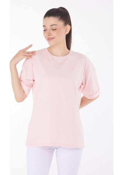 Düz Bisiklet Yaka Kadın Pembe T-Shirt - 25850