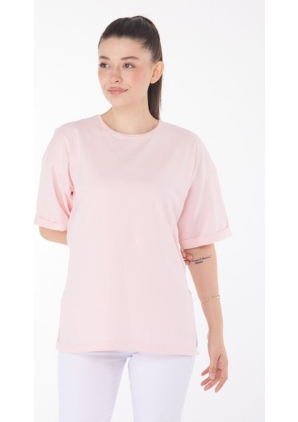 Düz Bisiklet Yaka Kadın Pembe T-Shirt - 25850