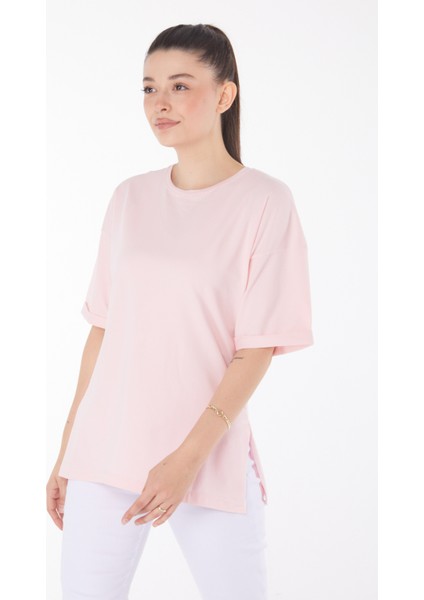 Düz Bisiklet Yaka Kadın Pembe T-Shirt - 25850