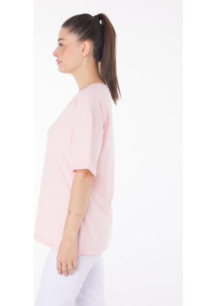 Düz Bisiklet Yaka Kadın Pembe T-Shirt - 25850