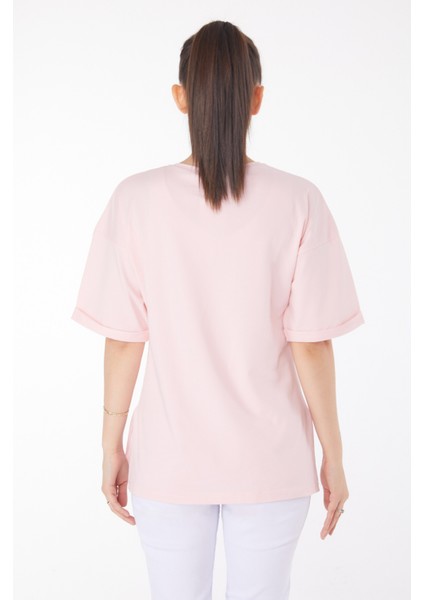 Düz Bisiklet Yaka Kadın Pembe T-Shirt - 25850