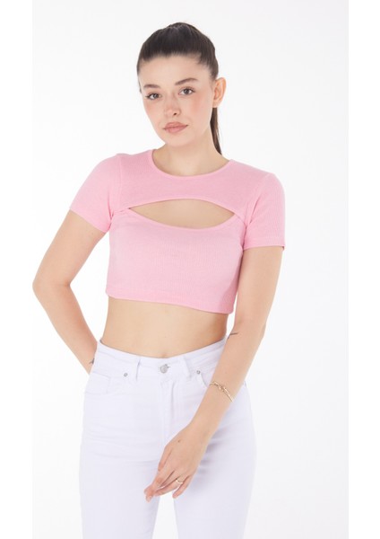 Düz Bisiklet Yaka Kadın Pembe Crop - 25852