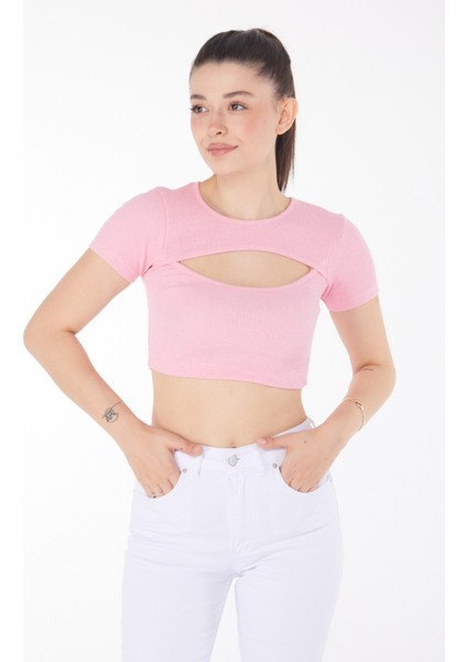Düz Bisiklet Yaka Kadın Pembe Crop - 25852 fiyatları
