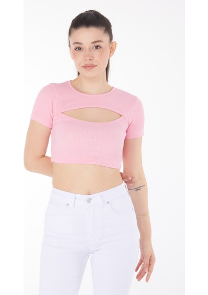 Düz Bisiklet Yaka Kadın Pembe Crop - 25852 modelleri
