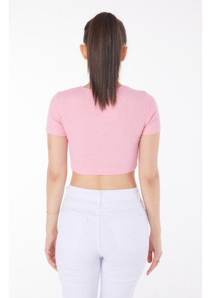 Düz Bisiklet Yaka Kadın Pembe Crop - 25852 indirimleri