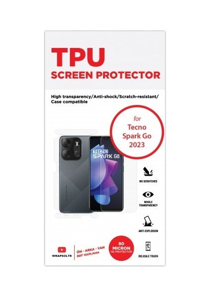 Tecno Spark Go 2023 360 ° Full Body Ekran Koruyucu Kaplama Ön Arka Yan Darbe Emici Hd Film