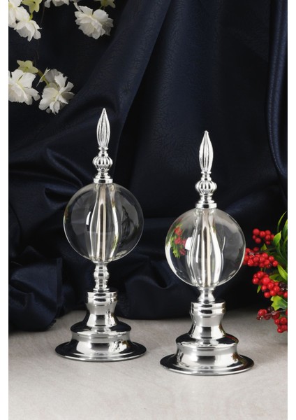 Alem Biblo 2'li Dekoratif Metal Kristal Cam Küre Biblo Gümüş Renk