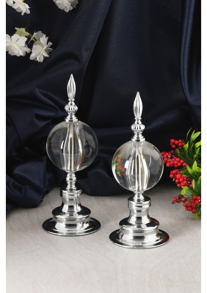 Alem Biblo 2'li Dekoratif Metal Kristal Cam Küre Biblo Gümüş Renk