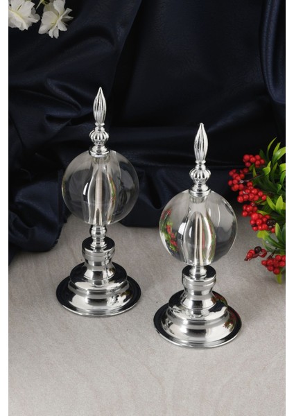 Alem Biblo 2'li Dekoratif Metal Kristal Cam Küre Biblo Gümüş Renk