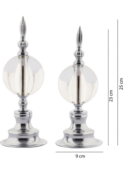 Alem Biblo 2'li Dekoratif Metal Kristal Cam Küre Biblo Gümüş Renk
