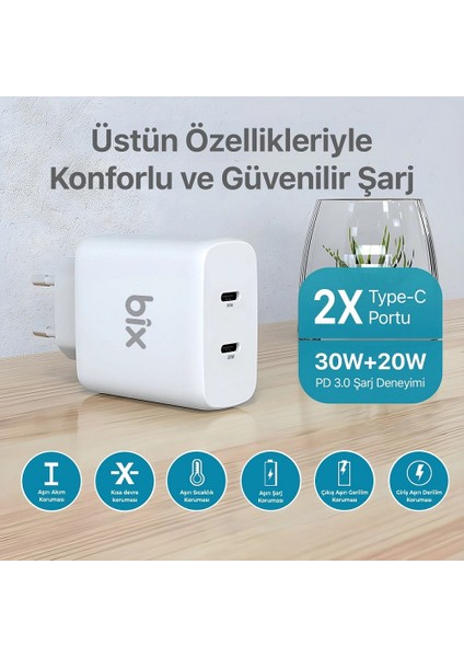 BX2P50 50W PD 2*Type-C Girişli Gelişmiş Şarj Teknolojisi ile Donatılmış Seyahat Adaptörü