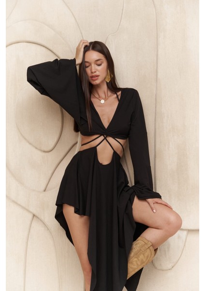 Coachella Siyah Crop Elbise Takım