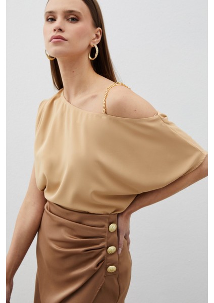 Düşük Omuzlu Salaş Bluz - Camel fırsatları