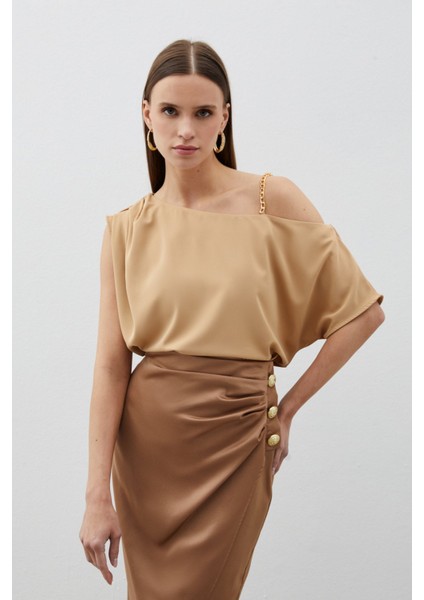 Düşük Omuzlu Salaş Bluz - Camel indirimleri