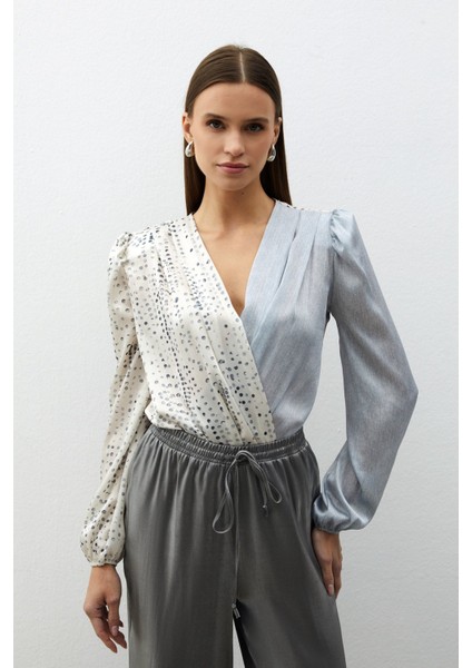 Çift Desenli Kruvaze Bluz - Gri