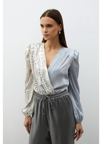 Çift Desenli Kruvaze Bluz - Gri fiyatları