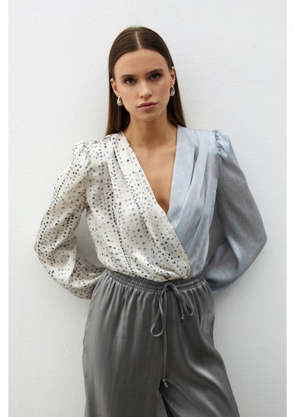 Çift Desenli Kruvaze Bluz - Gri modelleri