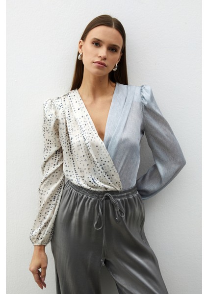 Çift Desenli Kruvaze Bluz - Gri fırsatları