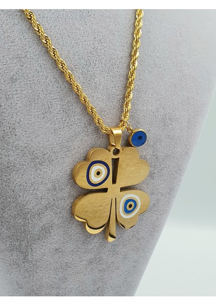 Gold Nazar Boncuklu Mineli Yonca Burgu Çelik Kolye fiyatları