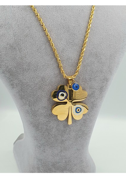 Gold Nazar Boncuklu Mineli Yonca Burgu Çelik Kolye indirimleri