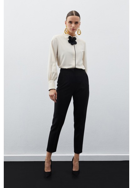 Yüksek Bel Pensli Pantolon - Siyah