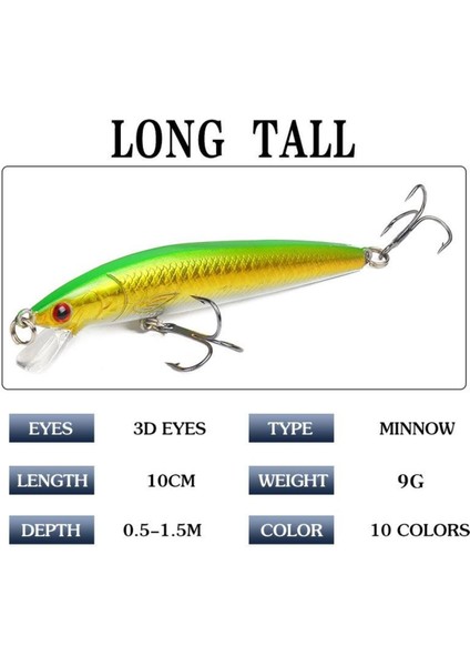Tekno Trust Çok Renkli 10 Adet 10CM 9gr Minnow Sahte Olta Yem Seti Rapala 1m Derinlik 10 Farklı Renk Karbon Çel
