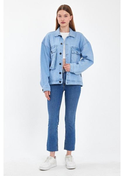 Kadın Jeanmove Oversize Pamuklu Rahat Kot Ceket Buz Mavi