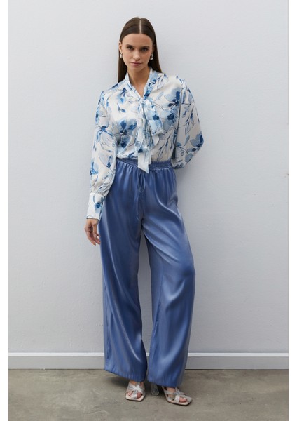 Bel Lastikli Parlak Pantolon - Mavi modelleri
