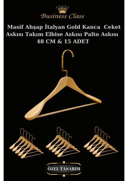 15 Adet 48 cm Gold İtalyan Kanca Masif Ahşap Elbise Askısı