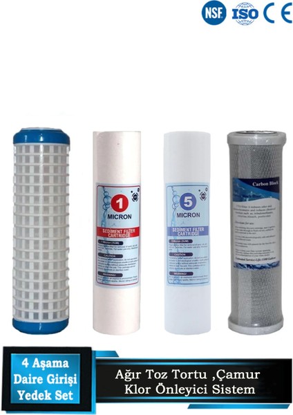 Daire Bina Sayaç Girişi 10" Inc 4 Aşama ( Yıkanabilir,1 Mikron,5 Mikron,blok ) Yedek Filtre Seti