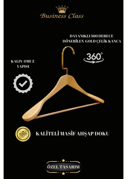 5 Adet 48 cm Gold İtalyan Kanca Masif Ahşap Elbise Askısı
