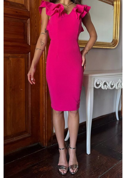 Fuşya Sırt Çapraz Fırfırlı Abiye Elbise P-00011707 modelleri