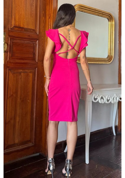 Fuşya Sırt Çapraz Fırfırlı Abiye Elbise P-00011707 fırsatları