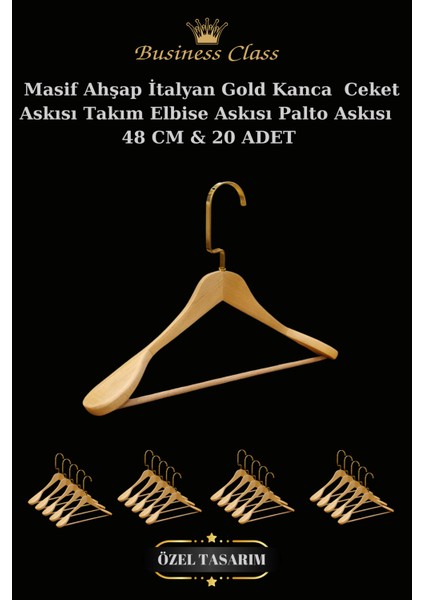 20 Adet 48 cm Gold İtalyan Kanca Masif Ahşap Elbise Askısı