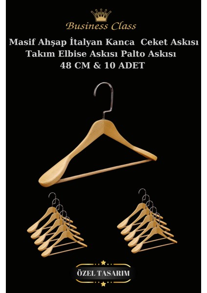 10 Adet 48 cm Krom İtalyan Kanca Masif Ahşap Elbise Askısı