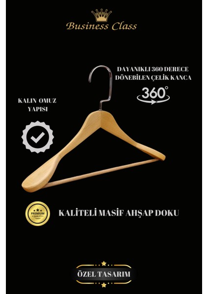 10 Adet 48 cm Krom İtalyan Kanca Masif Ahşap Elbise Askısı