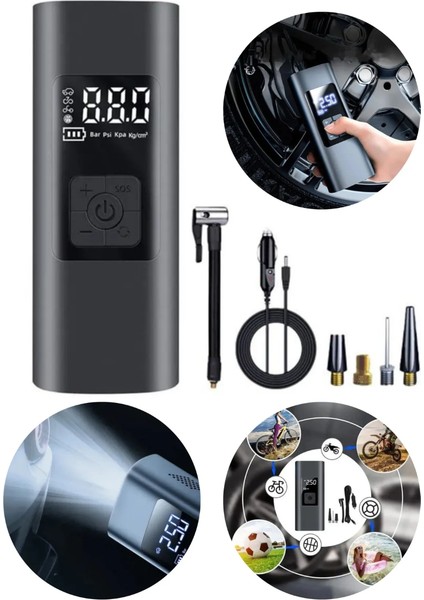 Dijital Lastik Şişirme Kompresörü Pompası Fenerli 150 Psi Hava Pompası Taşınabilir Çakmaklık Girişli