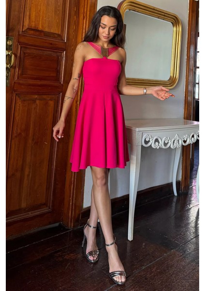 Fuşya Metal Tokalı Kloş Abiye Elbise P-00011696