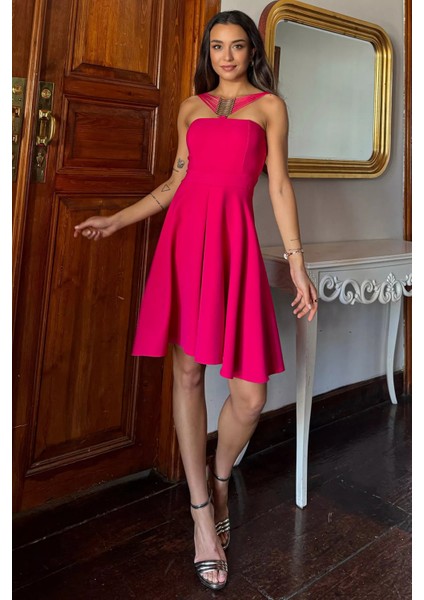 Fuşya Metal Tokalı Kloş Abiye Elbise P-00011696 fiyatları