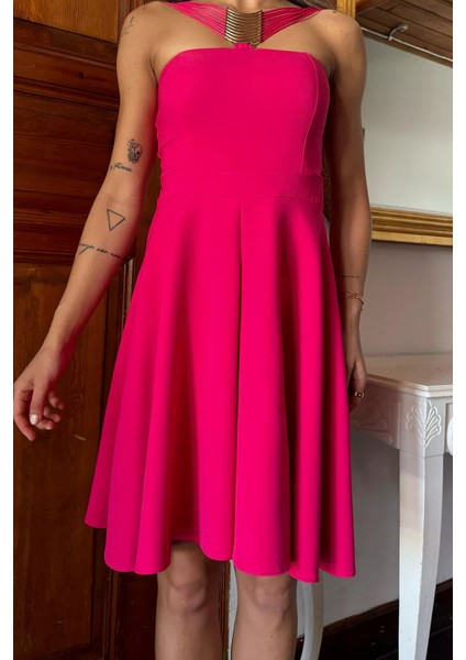 Fuşya Metal Tokalı Kloş Abiye Elbise P-00011696 fırsatları