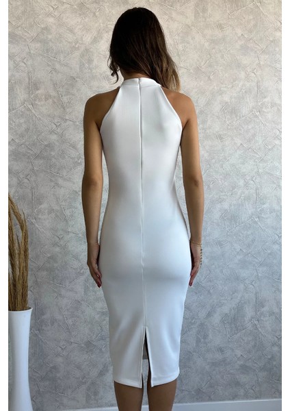 Krem Halter Yaka Dalgıç Abiye Elbise P-00011710 fırsatları