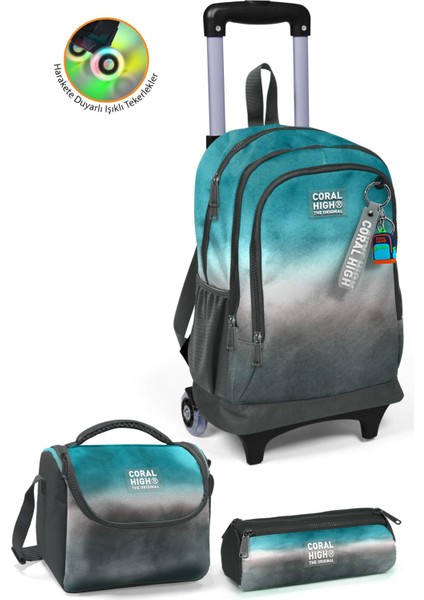 Kids Turkuaz Gri Batik Üç Bölmeli Çekçekli 3'lü Çanta Seti SET0123968