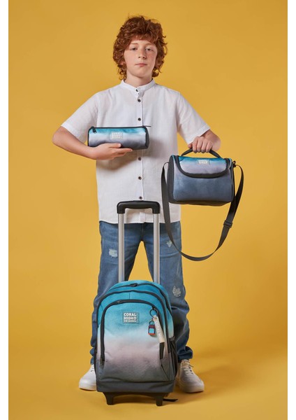 Kids Turkuaz Gri Batik Üç Bölmeli Çekçekli 3'lü Çanta Seti SET0123968 fiyatları