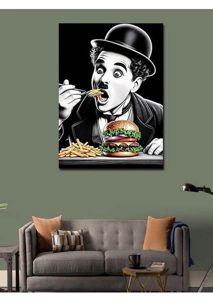 Kanvas Tablo Hamburger Yiyen Charlie Chaplin