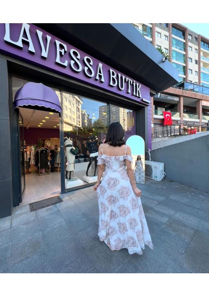 Şerit Geçişli Şifon Elbise - Beyaz