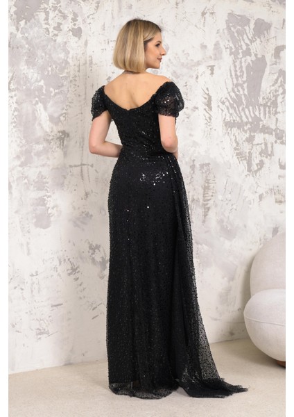 Kayık Yaka İncili Pullu Siyah Büyük Beden Abiye modelleri