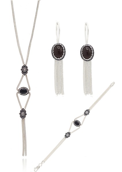 Mardin Hasırı Oniks Taşlı 925 Ayar Gümüş Üçlü Set 201023214