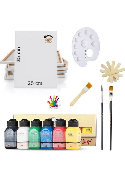Lüks Akrilik Boya Seti 6X75 ml Artdeco Lu Set Ipek Fırçalı + 25X35 Tuval Sanatsal Set Canlı Renkler