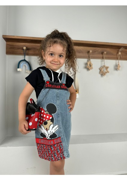 Minnie Mouse Baskılı Kapüşonlu Tişörtlü Kot Jile Çantalı 3'lü Set Elbise